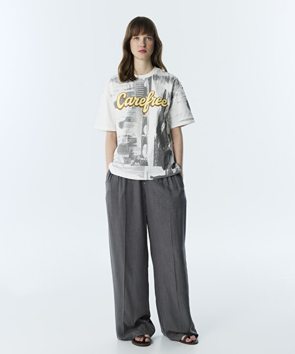 SLOGAN VE GÖRSEL BASKILI OVERSIZE TİŞÖRT-TS1260070227018-Ekru-Tişört