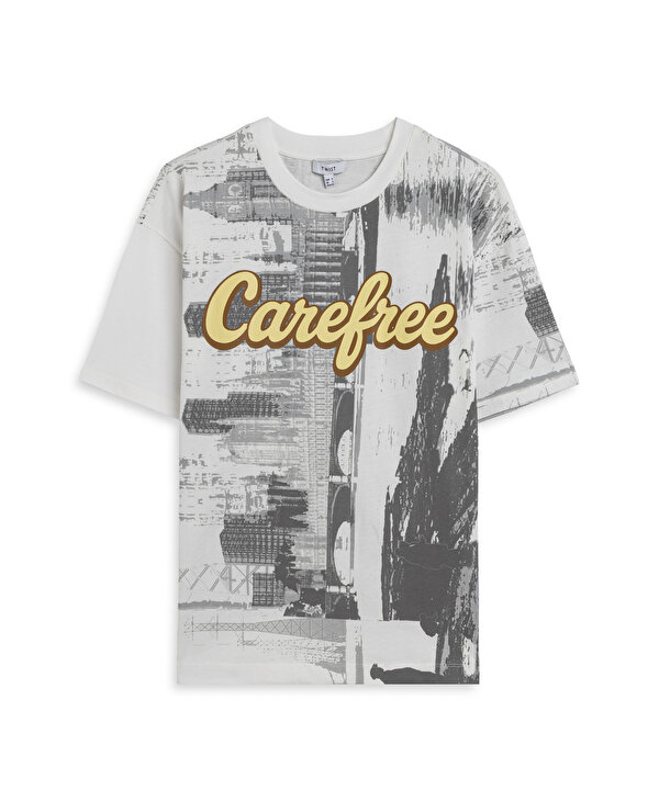 SLOGAN VE GÖRSEL BASKILI OVERSIZE TİŞÖRT-TS1260070227018-Ekru-Tişört