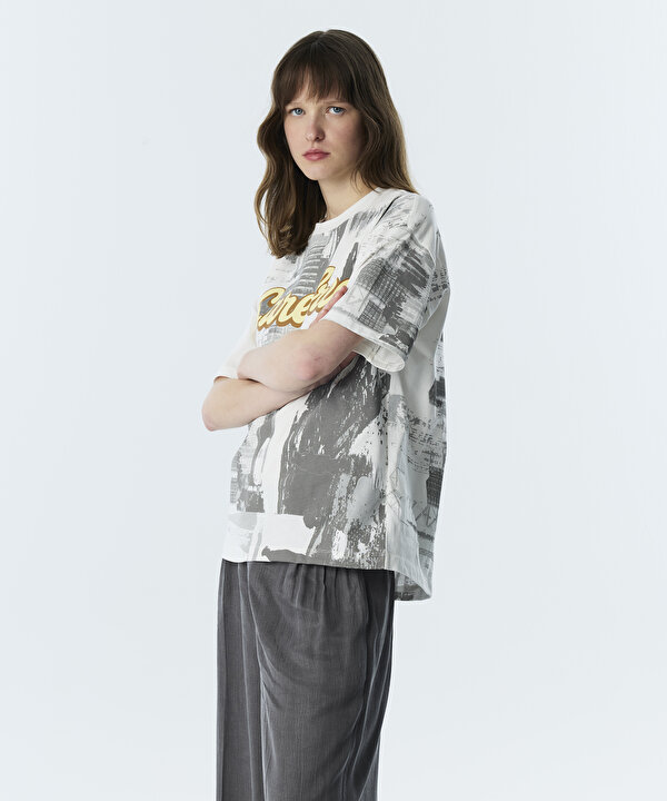 SLOGAN VE GÖRSEL BASKILI OVERSIZE TİŞÖRT-TS1260070227018-Ekru-Tişört
