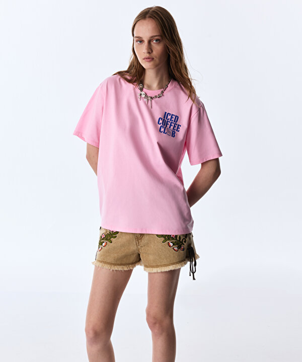 SLOGAN VE GÖRSEL BASKILI TİŞÖRT-TS1260070367033-Pembe-Tişört