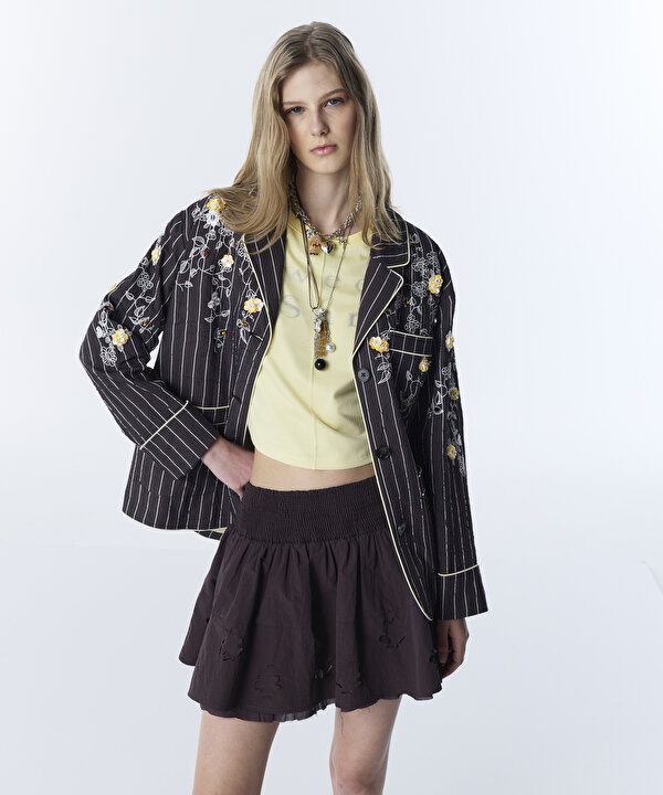 ÇİZGİ DESEN NAKIŞLI BLAZER-TS1260106021074-Kahverengi-Blazer