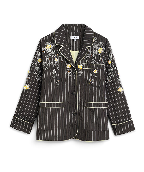 ÇİZGİ DESEN NAKIŞLI BLAZER-TS1260106021074-Kahverengi-Blazer