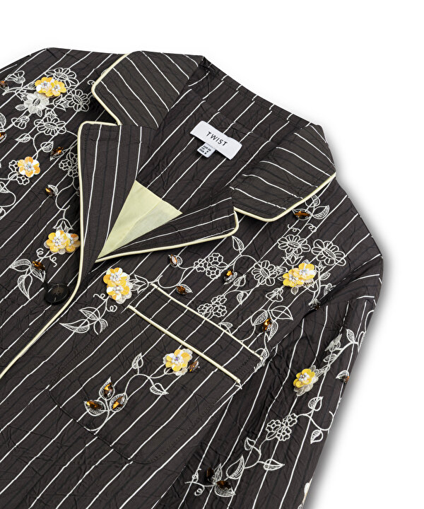 ÇİZGİ DESEN NAKIŞLI BLAZER-TS1260106021074-Kahverengi-Blazer