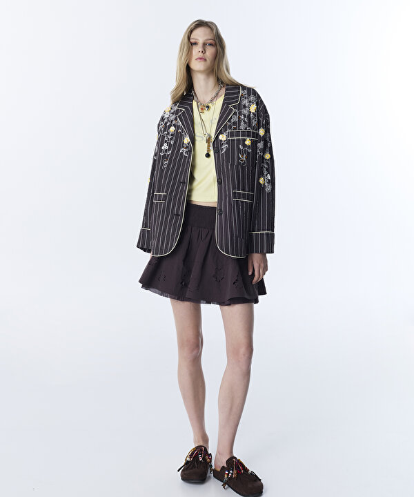 ÇİZGİ DESEN NAKIŞLI BLAZER-TS1260106021074-Kahverengi-Blazer