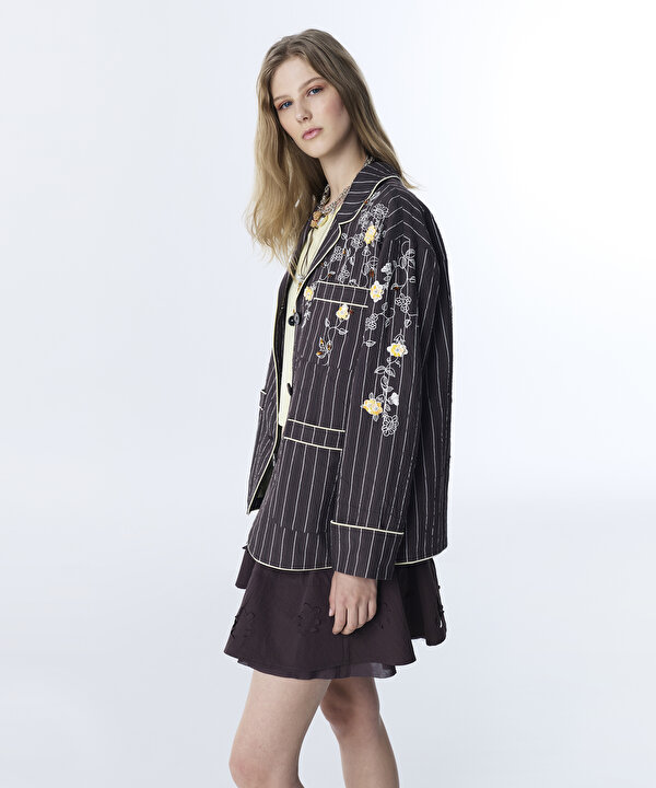 ÇİZGİ DESEN NAKIŞLI BLAZER-TS1260106021074-Kahverengi-Blazer