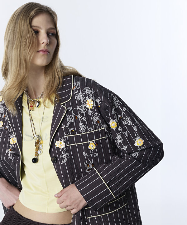 ÇİZGİ DESEN NAKIŞLI BLAZER-TS1260106021074-Kahverengi-Blazer