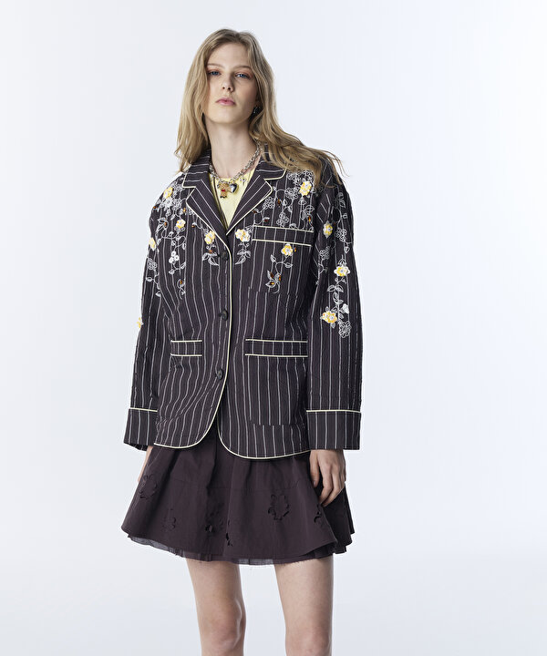ÇİZGİ DESEN NAKIŞLI BLAZER-TS1260106021074-Kahverengi-Blazer