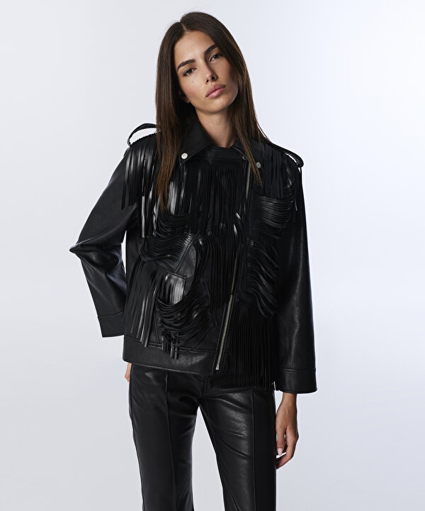 DERİ GÖRÜNÜMLÜ PÜSKÜLLÜ BIKER MONT-TW6250012258001-Siyah-Mont