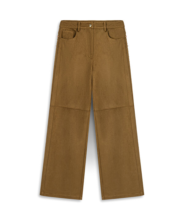 SÜET GÖRÜNÜMLÜ AKSESUARLI PANTOLON-TW6260003139021-Taba-Pantolon