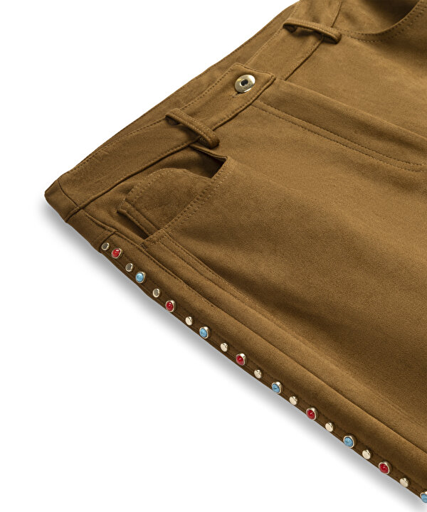 SÜET GÖRÜNÜMLÜ AKSESUARLI PANTOLON-TW6260003139021-Taba-Pantolon