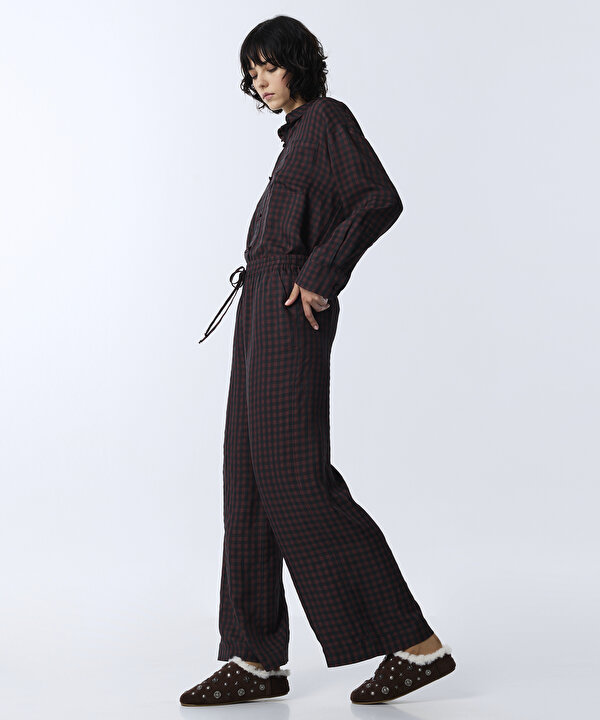 PÖTİKARE DESEN WIDE LEG PANTOLON-TW6260003176008-Mürdüm-Pantolon