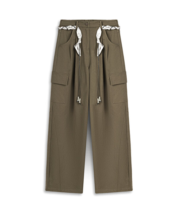 KUŞAKLI BARREL FİT PANTOLON-TW6260003177022-Haki-Pantolon