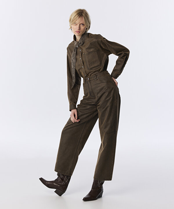 YIKAMALI BARREL FİT PANTOLON-TW6260003231074-Kahverengi-Pantolon