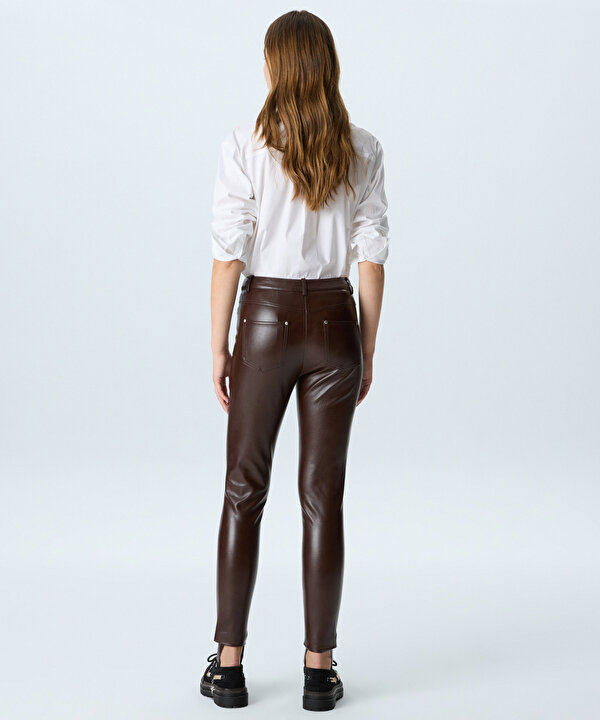 DERİ GÖRÜNÜMLÜ FÜZO PANTOLON-TW6260003305074-Kahverengi-Pantolon