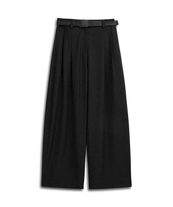 SLOGANLI KEMERLİ PANTOLON-TW6260003310001-Siyah-Pantolon