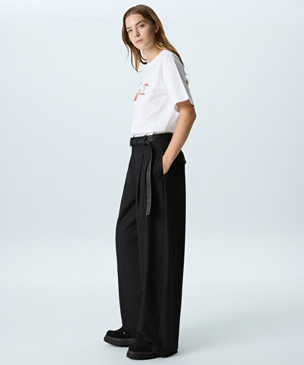 SLOGANLI KEMERLİ PANTOLON-TW6260003310001-Siyah-Pantolon