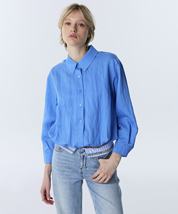 ÇİFT PARÇA GÖRÜNÜM BALON BLUZ-TW6260006115089-Mavi-Bluz