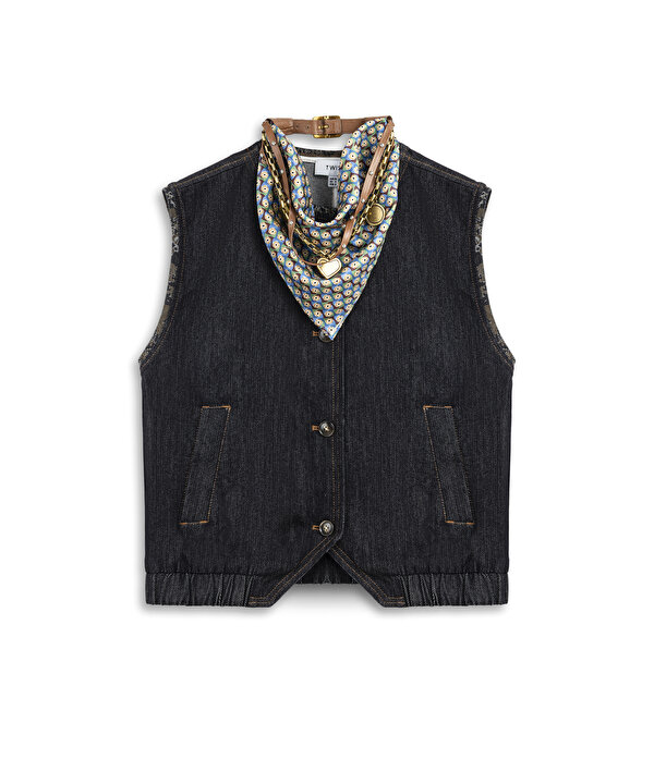 FULARLI DENİM YELEK-TW6260007105015-Lacivert-Yelekk