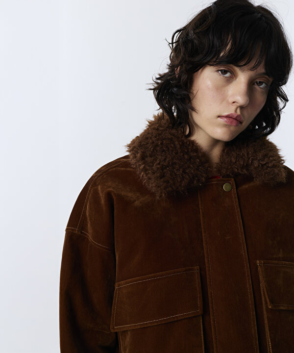 SUNİ KÜRK YAKA KADİFE MONT-TW6260012367053-Tütün-Mont