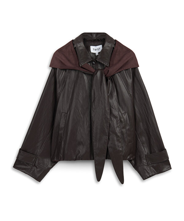 FULARLI DERİ GÖRÜNÜMLÜ MONT-TW6260012371008-Mürdüm-Mont