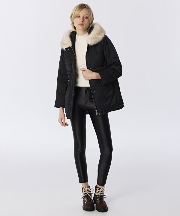 ÇIKARILABİLİR YAKALI PUFFER MONT-TW6260012422001-Siyah-Mont