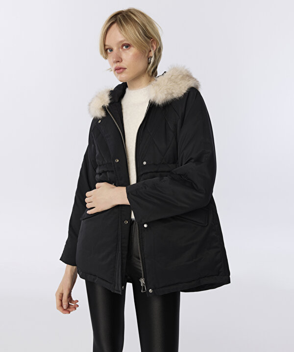 ÇIKARILABİLİR YAKALI PUFFER MONT-TW6260012422001-Siyah-Mont
