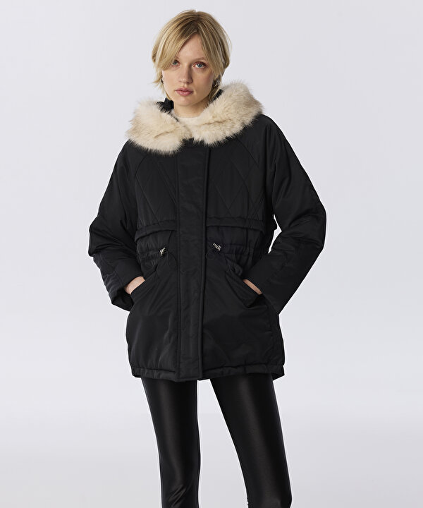 ÇIKARILABİLİR YAKALI PUFFER MONT-TW6260012422001-Siyah-Mont