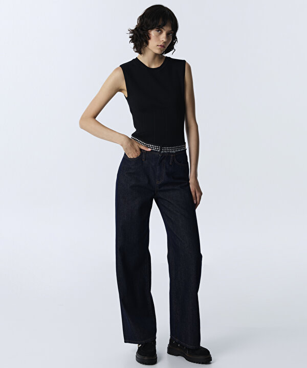 KONTRAST BEL WIDE LEG JEAN PANTOLON-TW6260018026015-Lacivert-Jean Pantolon