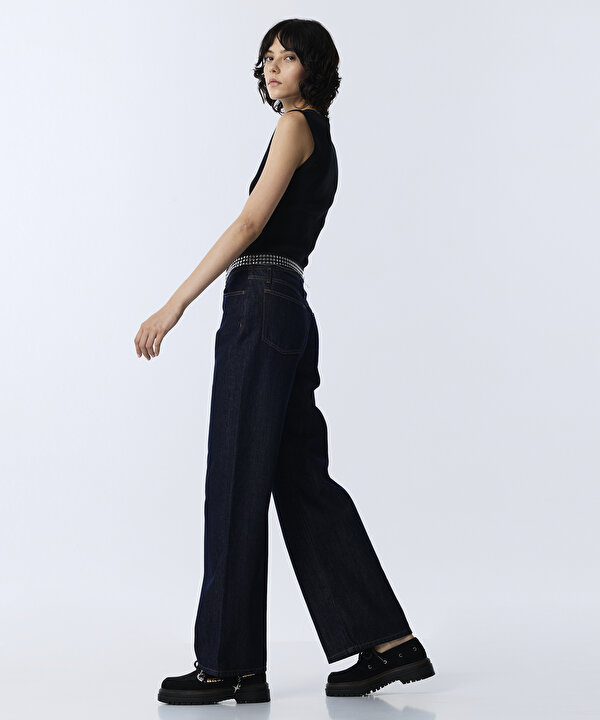 KONTRAST BEL WIDE LEG JEAN PANTOLON-TW6260018026015-Lacivert-Jean Pantolon