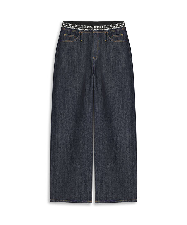KONTRAST BEL WIDE LEG JEAN PANTOLON-TW6260018026015-Lacivert-Jean Pantolon