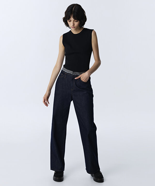 KONTRAST BEL WIDE LEG JEAN PANTOLON-TW6260018026015-Lacivert-Jean Pantolon