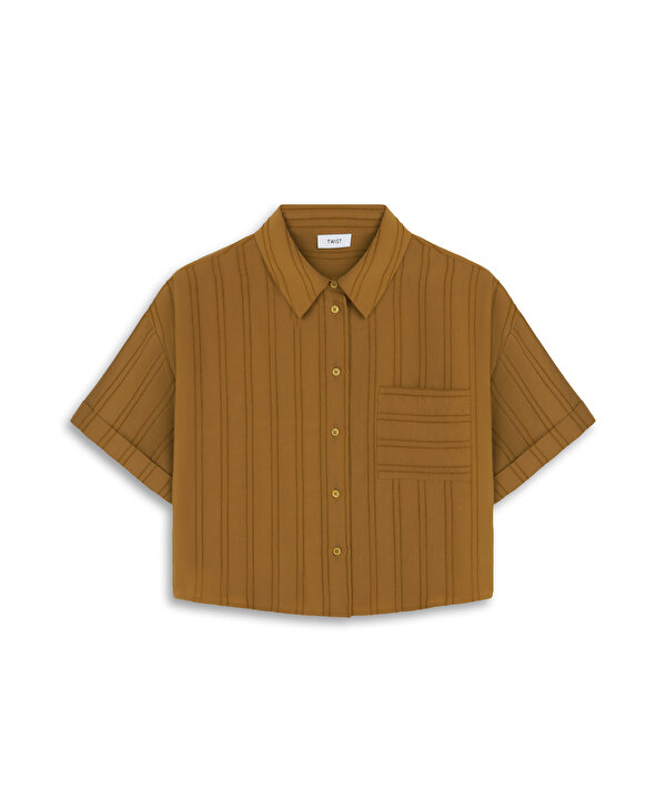 ÇİZGİLİ CROP GÖMLEK-TW6260025147024-Hardal-GOMLEK
