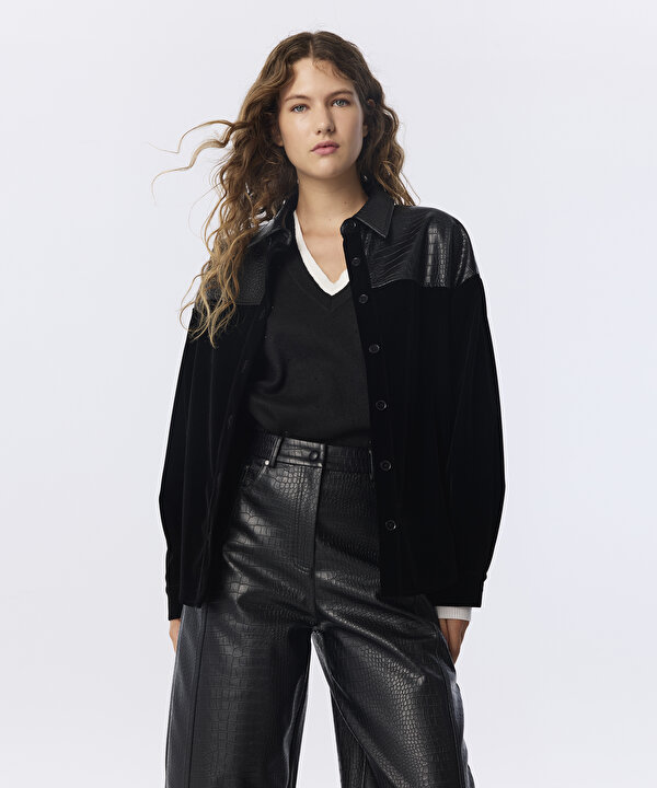 KUMAŞ MIX OVERSIZE GÖMLEK-TW6260025189001-Siyah-GOMLEK