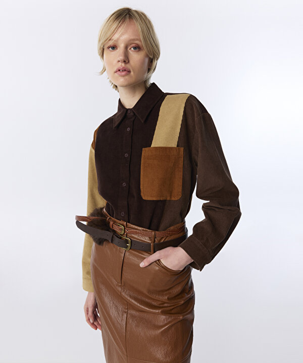 COLORBLOCK KADİFE GÖMLEK-TW6260025228074-Kahverengi-GOMLEK