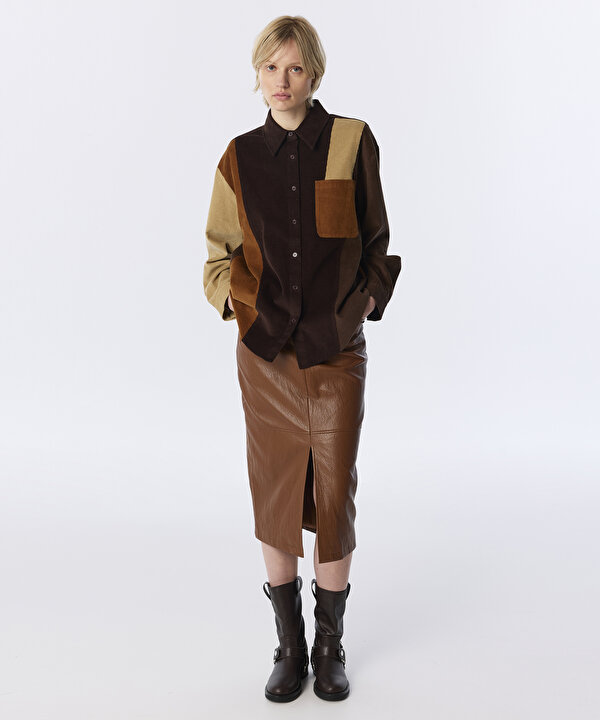 COLORBLOCK KADİFE GÖMLEK-TW6260025228074-Kahverengi-GOMLEK