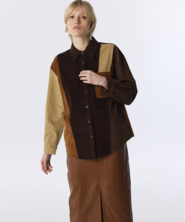 COLORBLOCK KADİFE GÖMLEK-TW6260025228074-Kahverengi-GOMLEK