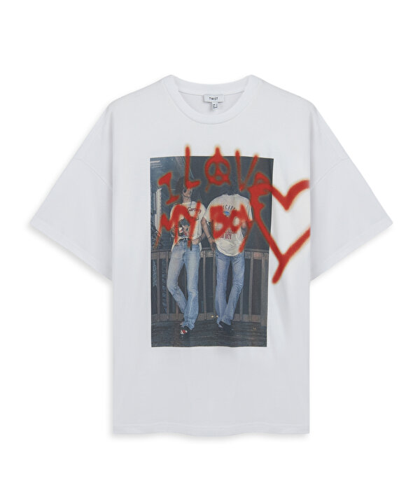 BASKILI OVERSIZE TİŞÖRT-TW6260070153018-Ekru-Tişört