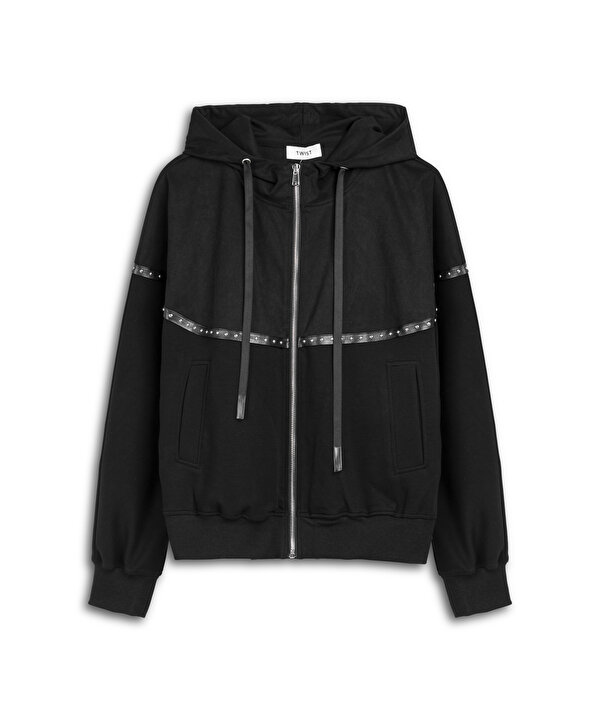 KUMAŞ MIX KAPÜŞONLU SWEATSHIRT-TW6260091129001-Siyah-SWEATSHIRT