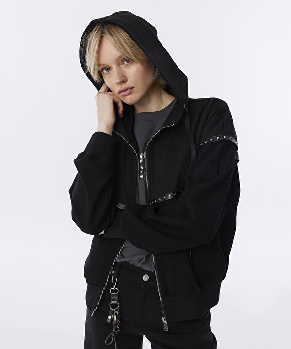 KUMAŞ MIX KAPÜŞONLU SWEATSHIRT-TW6260091129001-Siyah-SWEATSHIRT