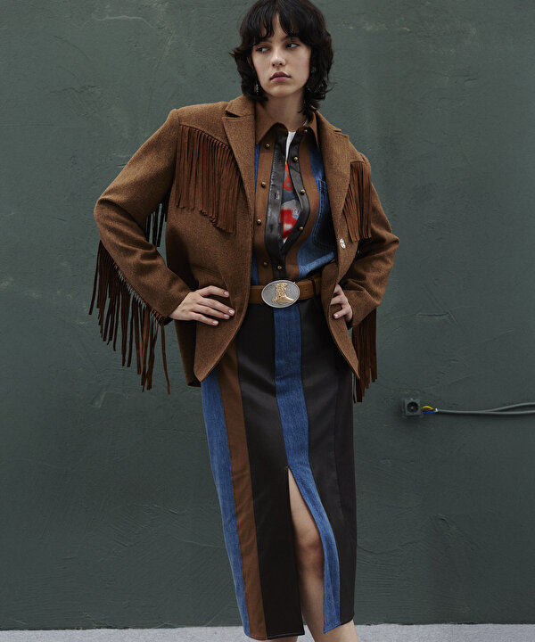 YÜN İÇERİKLİ PÜSKÜLLÜ BLAZER-TW6260106119074-Kahverengi-Blazer