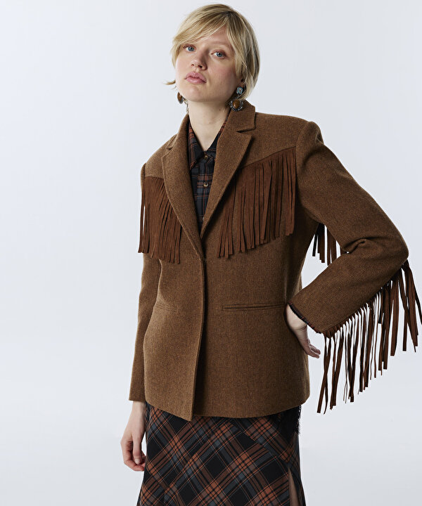 YÜN İÇERİKLİ PÜSKÜLLÜ BLAZER-TW6260106119074-Kahverengi-Blazer