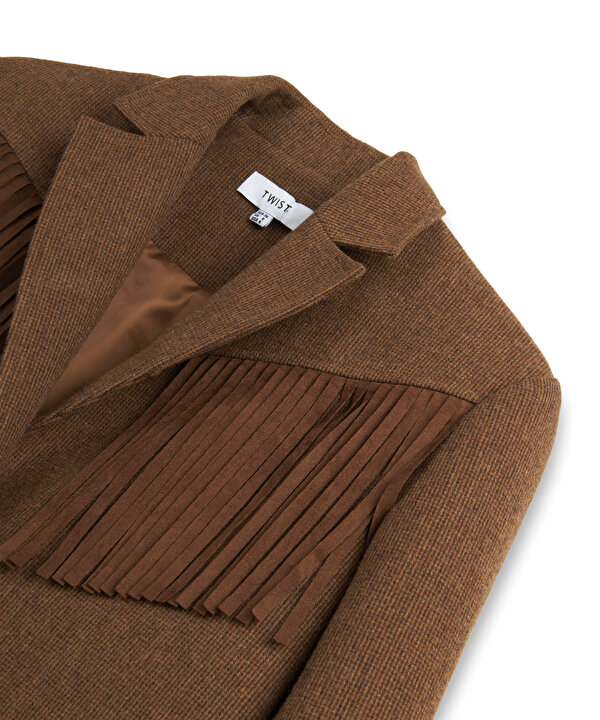 YÜN İÇERİKLİ PÜSKÜLLÜ BLAZER-TW6260106119074-Kahverengi-Blazer