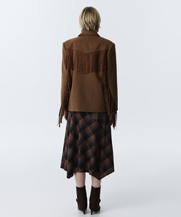 YÜN İÇERİKLİ PÜSKÜLLÜ BLAZER-TW6260106119074-Kahverengi-Blazer