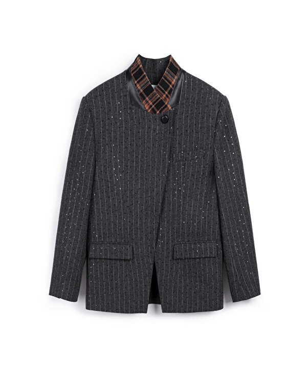 KONTRAST YAKA ÇİZGİLİ BLAZER-TW6260106132036-Antrasit-Blazer