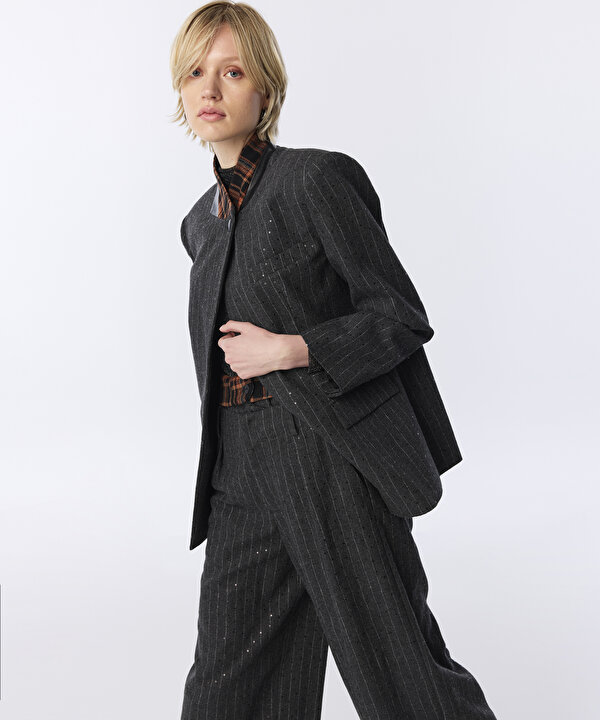 KONTRAST YAKA ÇİZGİLİ BLAZER-TW6260106132036-Antrasit-Blazer