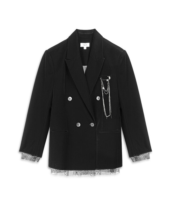 DANTEL ŞERİTLİ KADİFE BLAZER-TW6260106133001-Siyah-Blazer