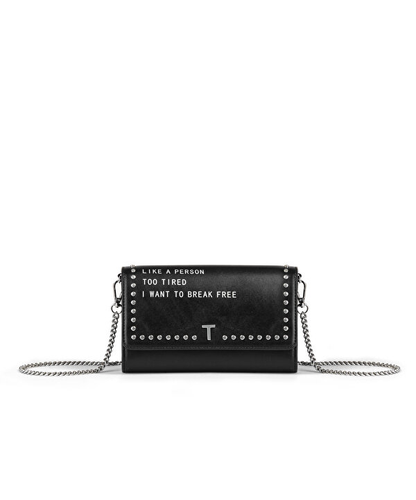 SLOGAN VE TROK BASKILI CLUTCH-TW6260121008001-Siyah-Clutch