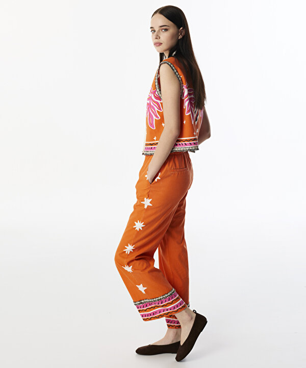 GÖRSEL BASKILI WIDE LEG FİT PANTOLON-TS1250003255127-Turuncu-Pantolon