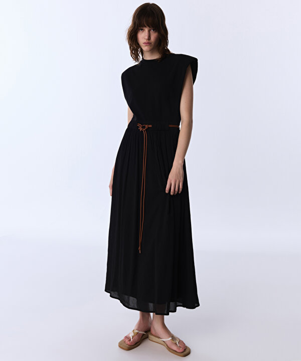 KEMERLİ KUMAŞ MIX ELBİSE-TS1260002630001-Siyah-Elbise
