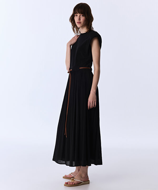 KEMERLİ KUMAŞ MIX ELBİSE-TS1260002630001-Siyah-Elbise